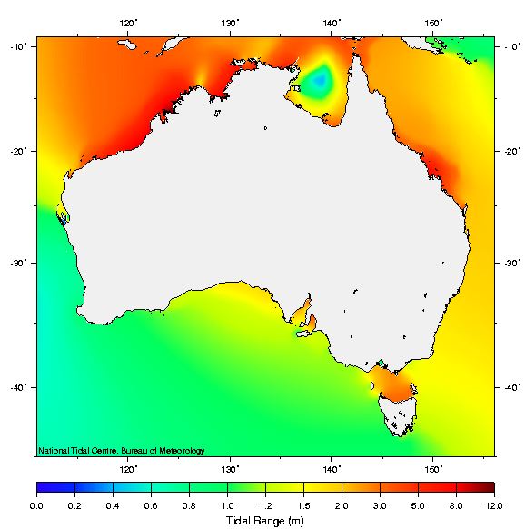 Map showing average tidal range at spring tides around Australia